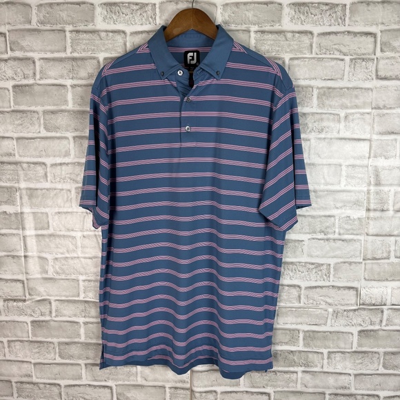 FootJoy Light Blue Pink Striped Performance Button Down Golf Polo Mens LARGE - Picture 2 of 7